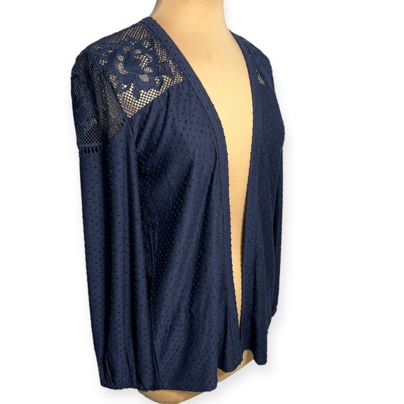 Maurices Navy Lace Yoke Swiss Dot Open Front Cardigan Size Small - Picture 3 of 6